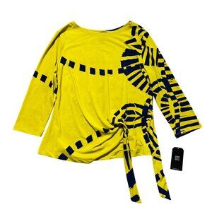 Clara Sunwoo Womens Sz M Yellow & Navy Geometric Tie Waist Top 3/4 Sleeve